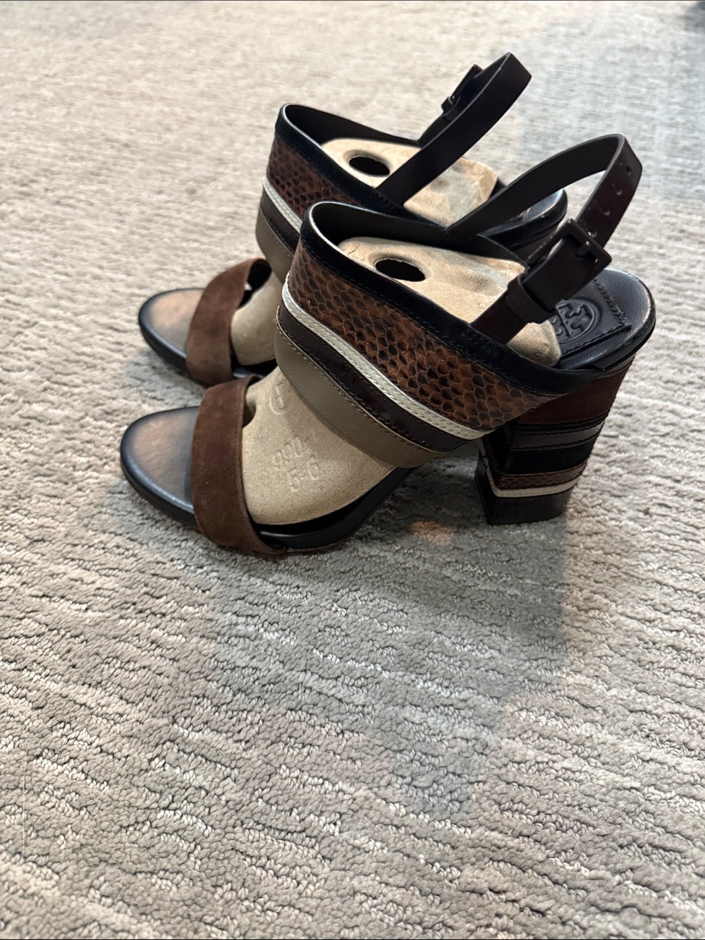 Tory Burch Brown Mixed-Material Block Heel Sandals